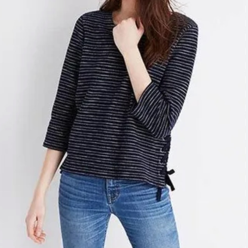 Madewell dark blue white horizontal lace up sides pull over top blouse XS